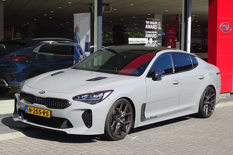 grey 2020 Kia stinger at a car dealer